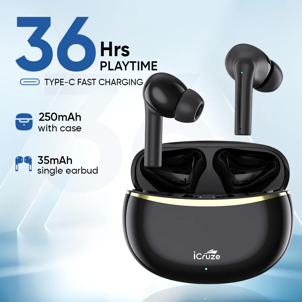 iCruze BackBeat TWS Earbuds Black - 36 Hours playtime