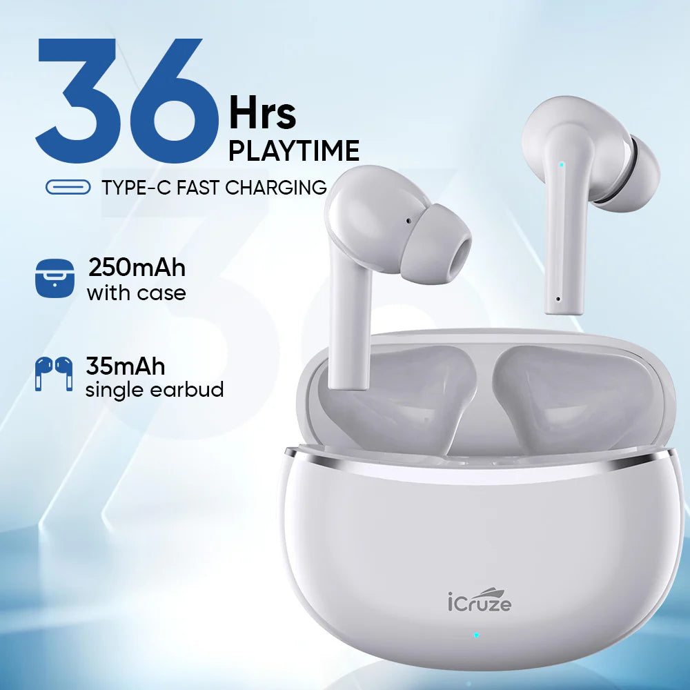 iCruze BackBeat TWS Earbuds White - 36 Hrs Playtime