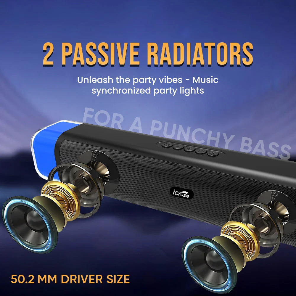 iCruze NeonBass Bluetooth Mini Soundbar (Black) - 2 Passive Radiators
