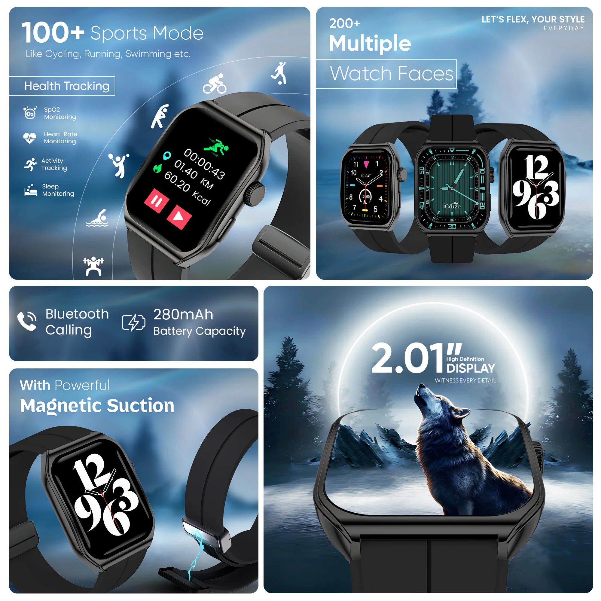 iCruze Pronto Flex Smart BT Calling Watch - Black Edition - Large Battery