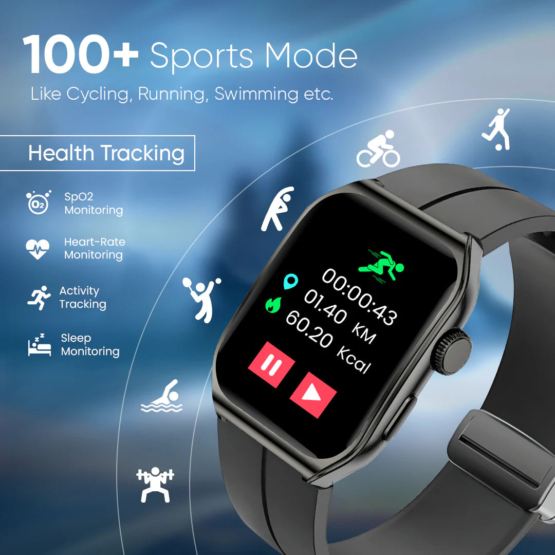 iCruze Pronto Flex Smart BT Calling Watch - Black Edition - 100+ Sports Mode