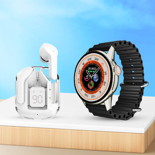 iCruze Pronto Vista BT Calling Smart Watch (Black) + iCruze Maxpods TWS Earbuds (White)