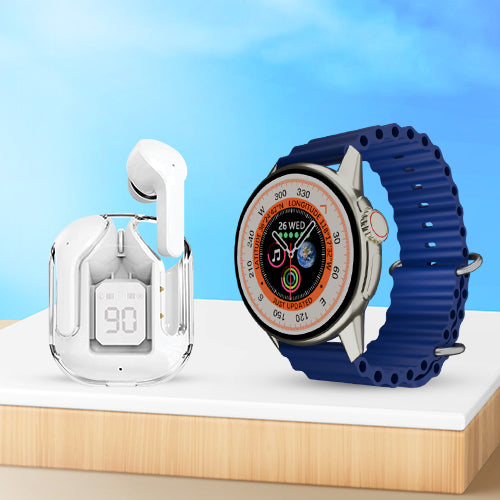 iCruze Pronto Vista BT Calling Smart Watch (Blue) + iCruze Maxpods TWS Earbuds (White)