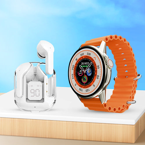 iCruze Pronto Vista BT Calling Smart Watch (Orange) + iCruze Maxpods TWS Earbuds (White)