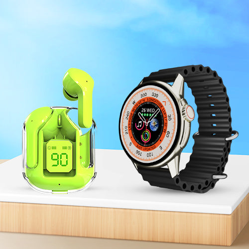 iCruze Pronto Vista BT Calling Smart Watch (Black) + iCruze Maxpods TWS Earbuds (Green)