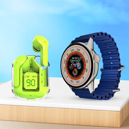 iCruze Pronto Vista BT Calling Smart Watch (Blue) + iCruze Maxpods TWS Earbuds (Green)