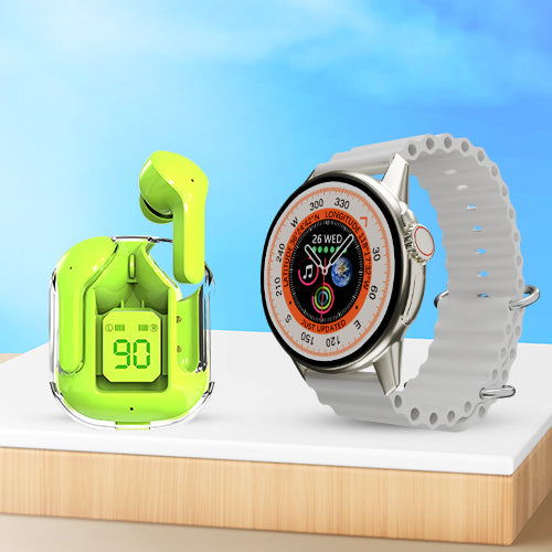 iCruze Pronto Vista BT Calling Smart Watch (Grey) + iCruze Maxpods TWS Earbuds (Green)