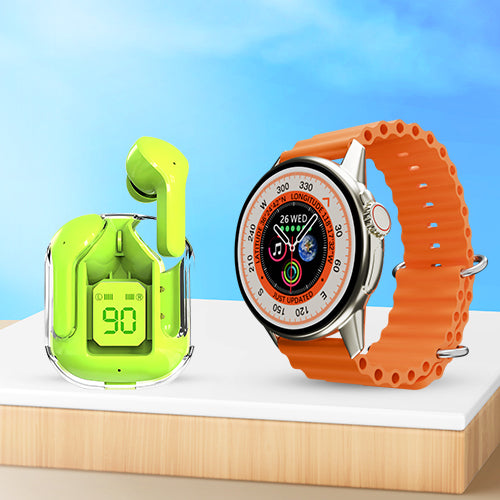 iCruze Pronto Vista BT Calling Smart Watch (Orange) + iCruze Maxpods TWS Earbuds (Green)