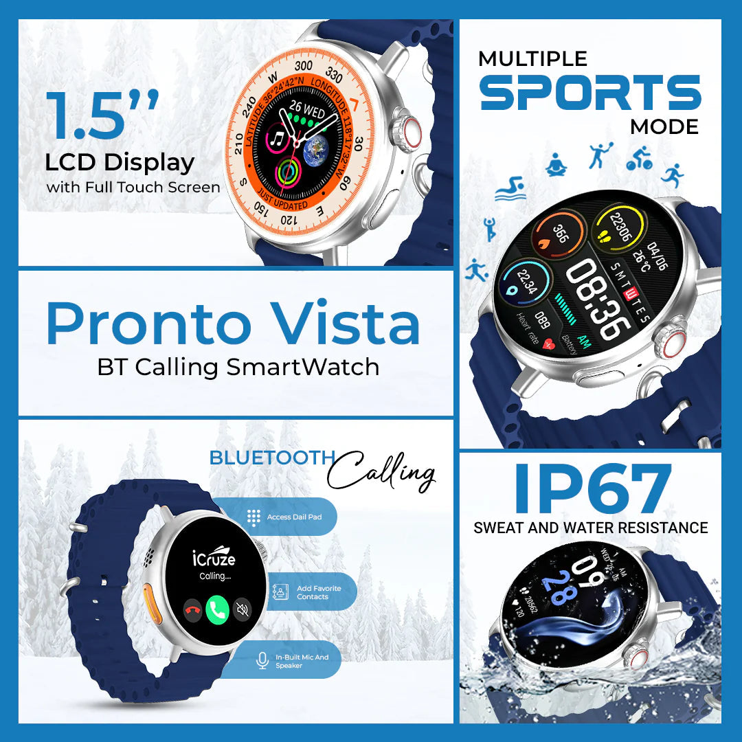 iCruze Pronto Vista BT Calling Smart Watch (Blue) + iCruze Maxpods TWS Earbuds (Green)