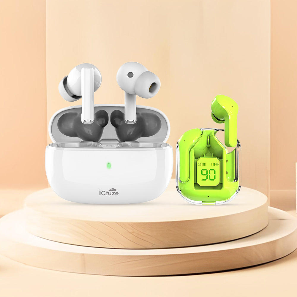 iCruze Combo Aura TWS Earbuds (White) Maxpods TWS Earbuds (Green)