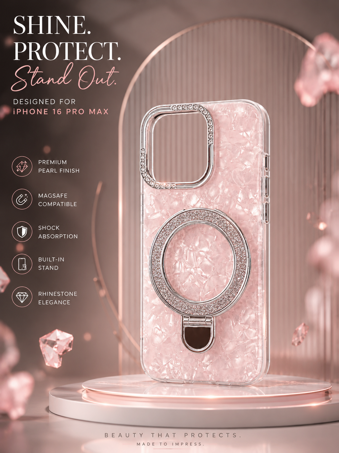 iPhone 15 Pro Luxury Pearl MagSafe Ring Stand Case – Pink