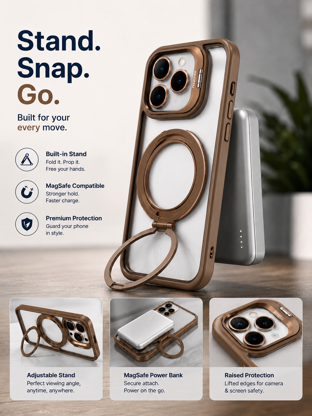 iPhone 16 Magnetic Ring Stand Transparent Case – Brown