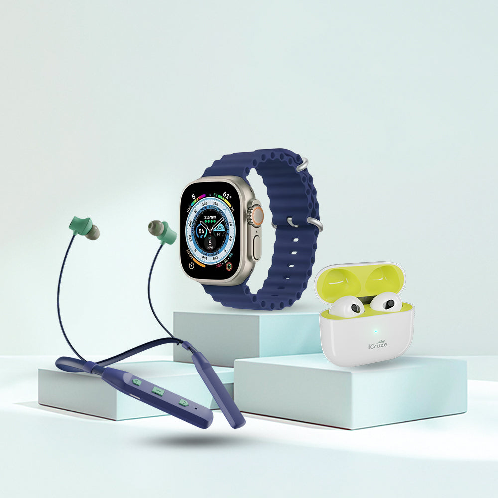 image of combo product ( Pronto Max+ Silicone smartwatch + Scoop TWS + Tune neckband combo