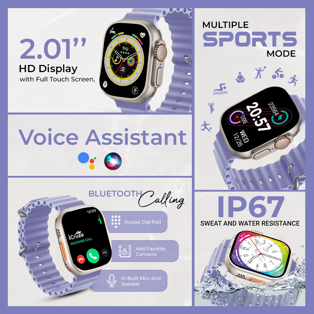 iCruze Pronto Max+ BT Calling Smart watch With 1.9″ HD Display (Purple) - iCruze