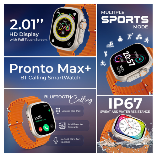 iCruze Pronto Max+ BT Calling Smartwatch With 1.9″ HD Display (Orange) - iCruze