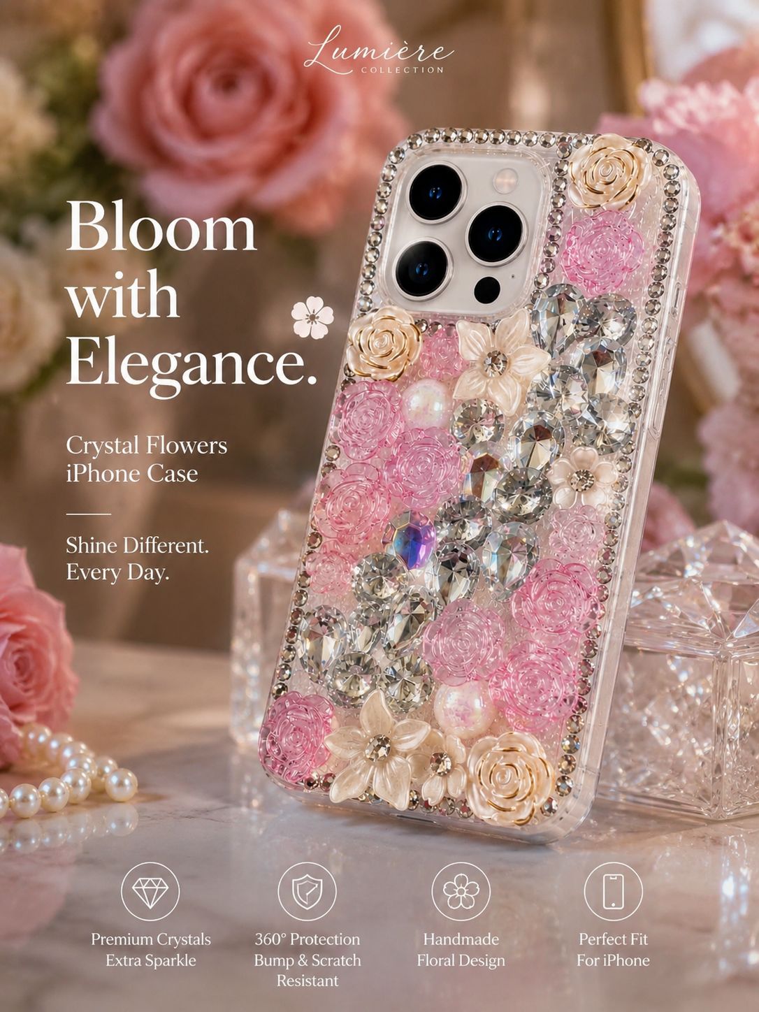 3D Rose Diamond Bling Case for iPhone 16 Pro