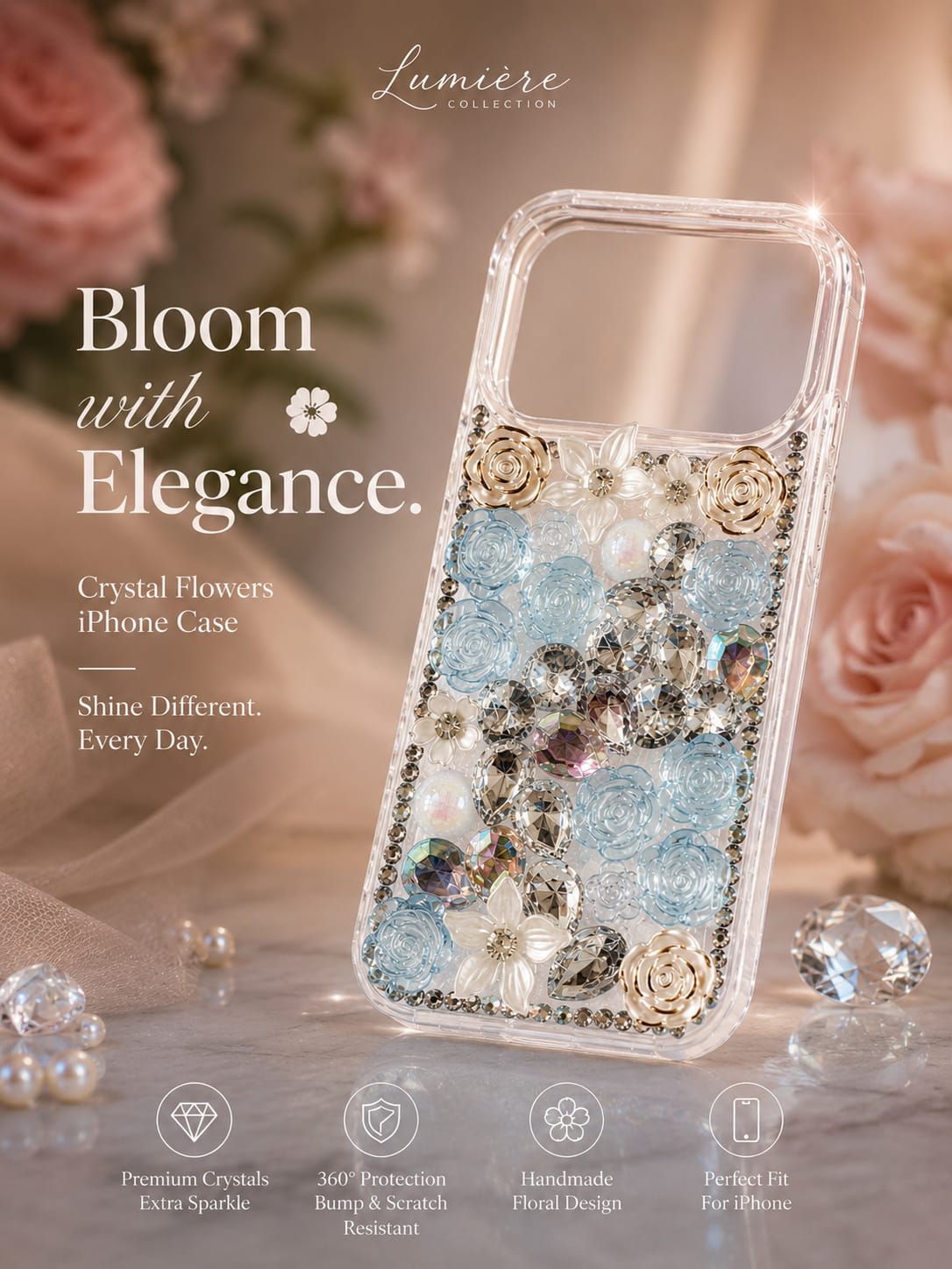 iPhone 17 Pro Max ,16 pro Max Luxury Floral Crystal Case