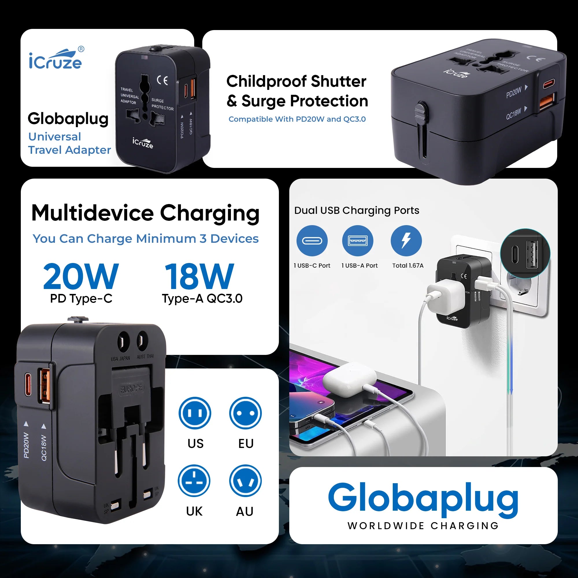 iCruze Globaplug Travel Adapter (Black) - Multiple Device Charging 