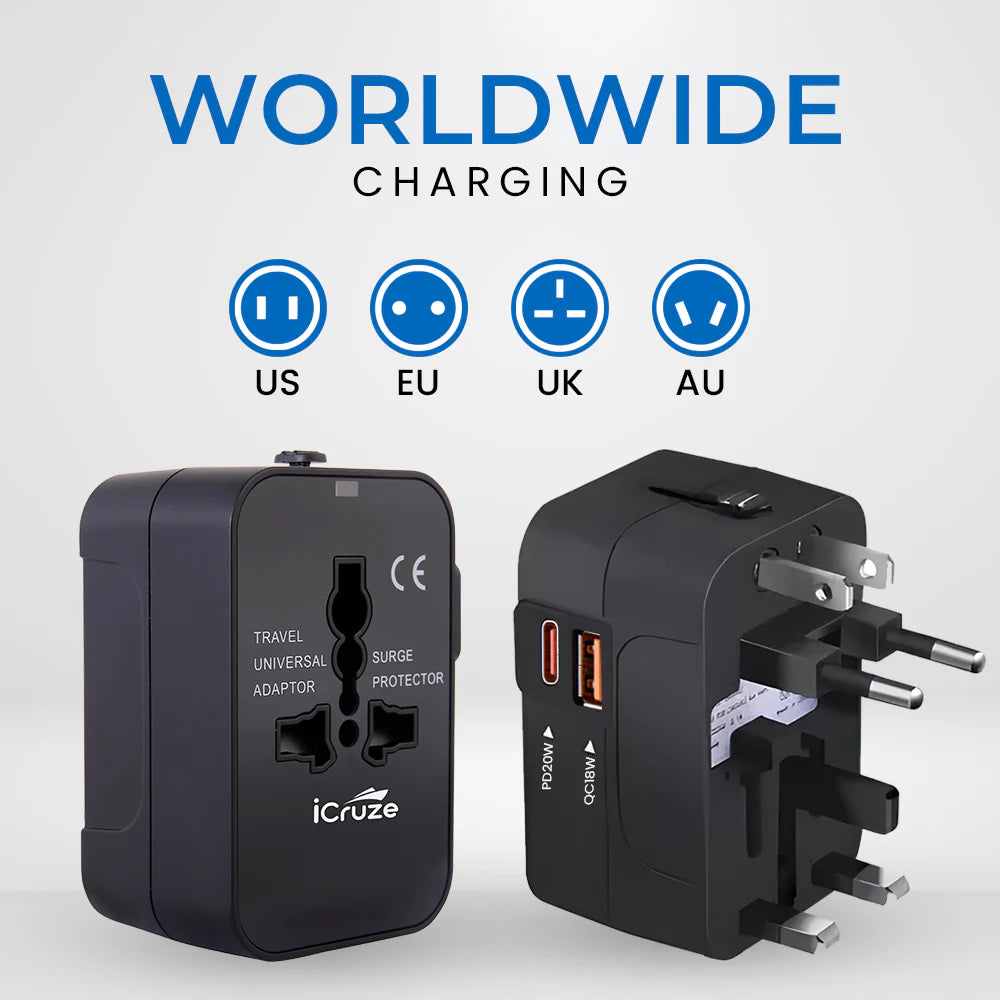 iCruze Globaplug Travel Adapter (Black) - WorldWide Charging