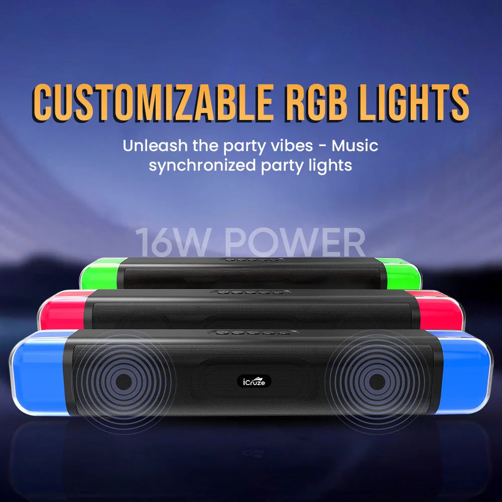 iCruze NeonBass Bluetooth Mini Soundbar (Black) - Customizale RGB Lights