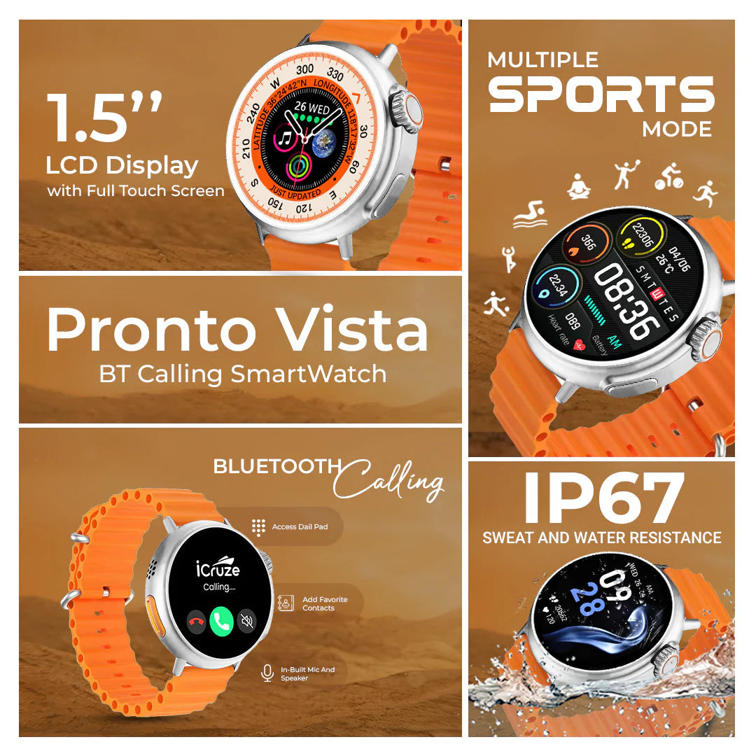 iCruze Pronto Vista BT Calling SmartWatch (Orange) - Features