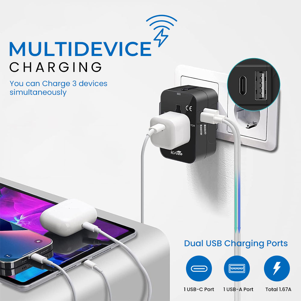 Multidevice charging iCruze Globaplug Travel Adapter (Black)